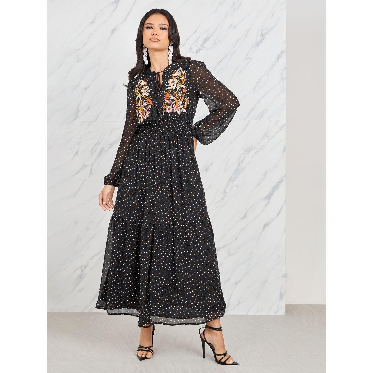 Styli Floral Embroidered Spot Printed Smocked Waist Tiered Maxi Dress-women-clothing-dresses-image-1