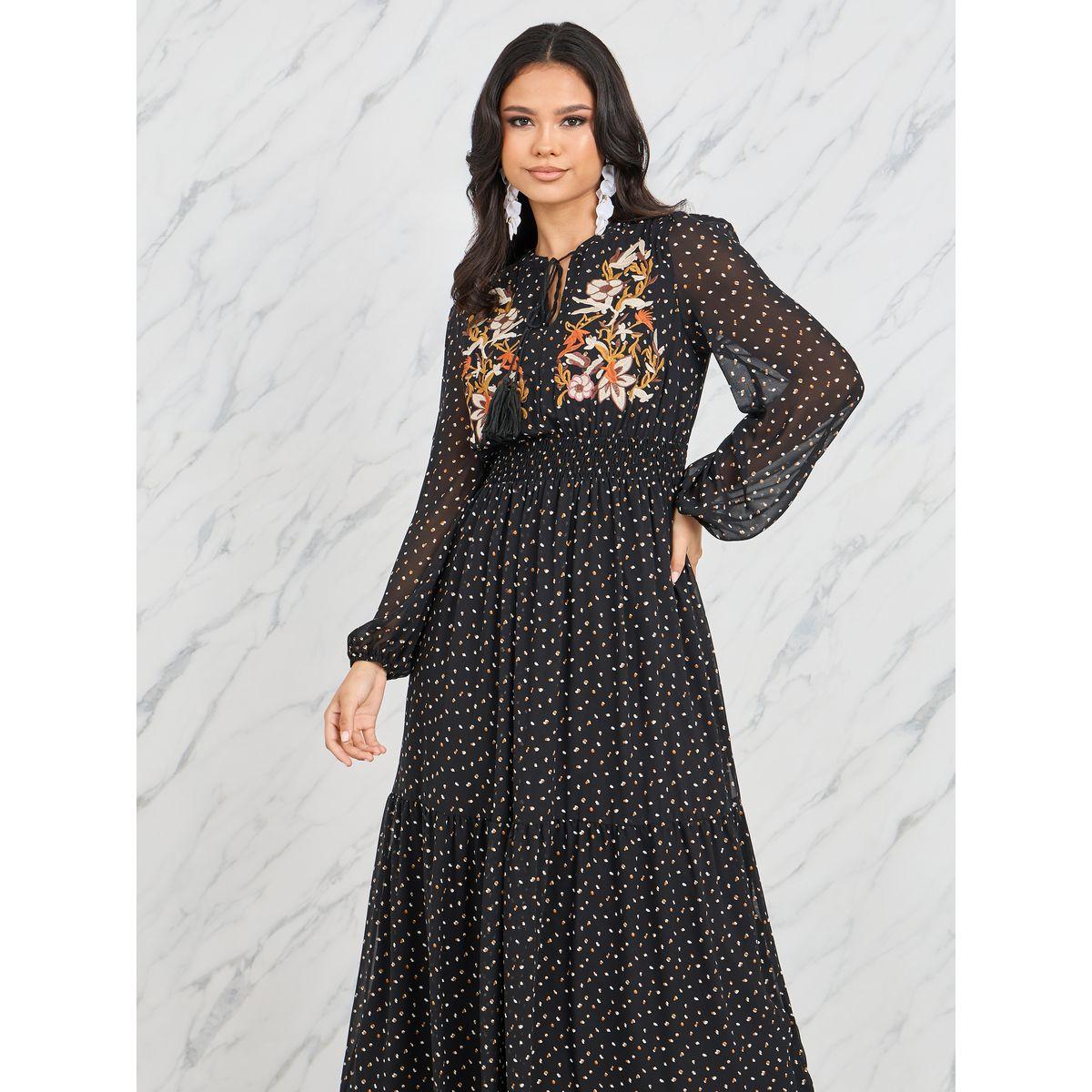 Styli Floral Embroidered Spot Printed Smocked Waist Tiered Maxi Dress-women-clothing-dresses-image-2