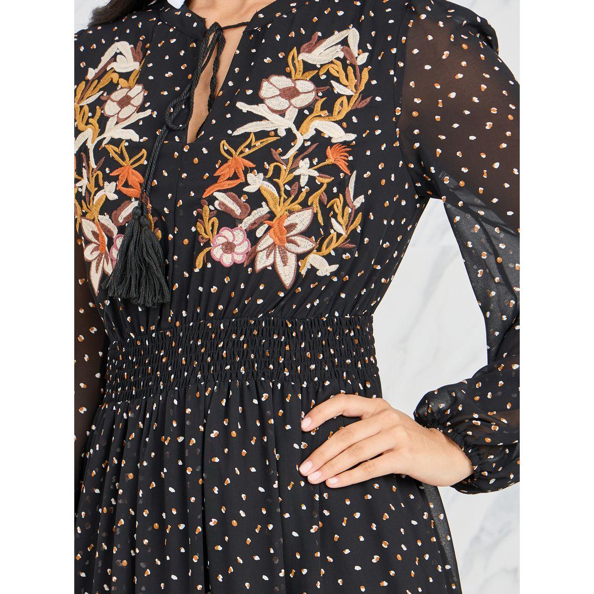 Styli Floral Embroidered Spot Printed Smocked Waist Tiered Maxi Dress-women-clothing-dresses-image-3