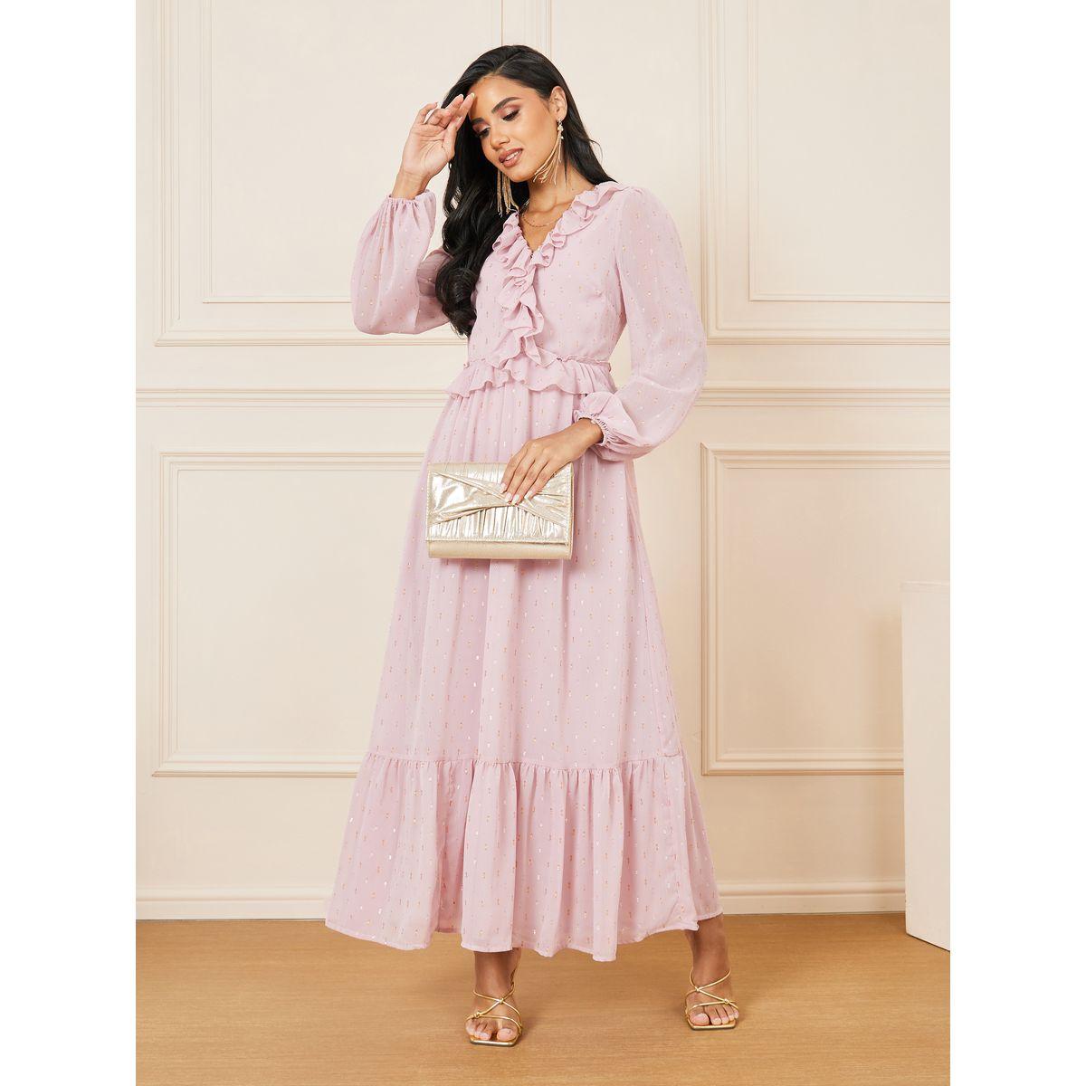 فستان طويل بكسرات وتفاصيل كشكش-women-clothing-dresses-image-1