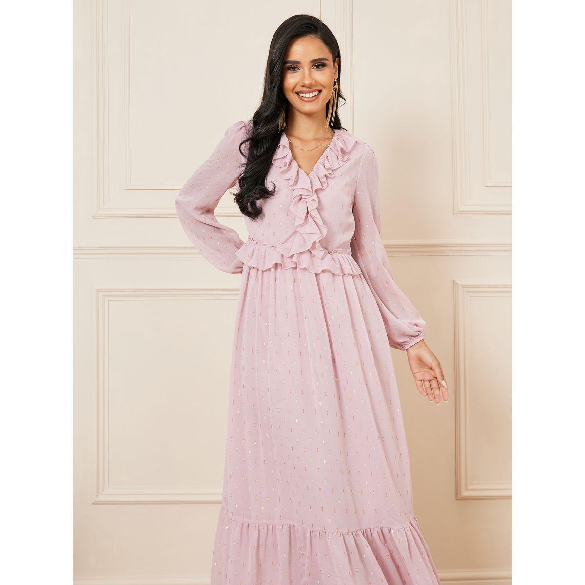 Styli Ruffle Detail Lurex Dobby Tiered Maxi Dress-women-clothing-dresses-image-2