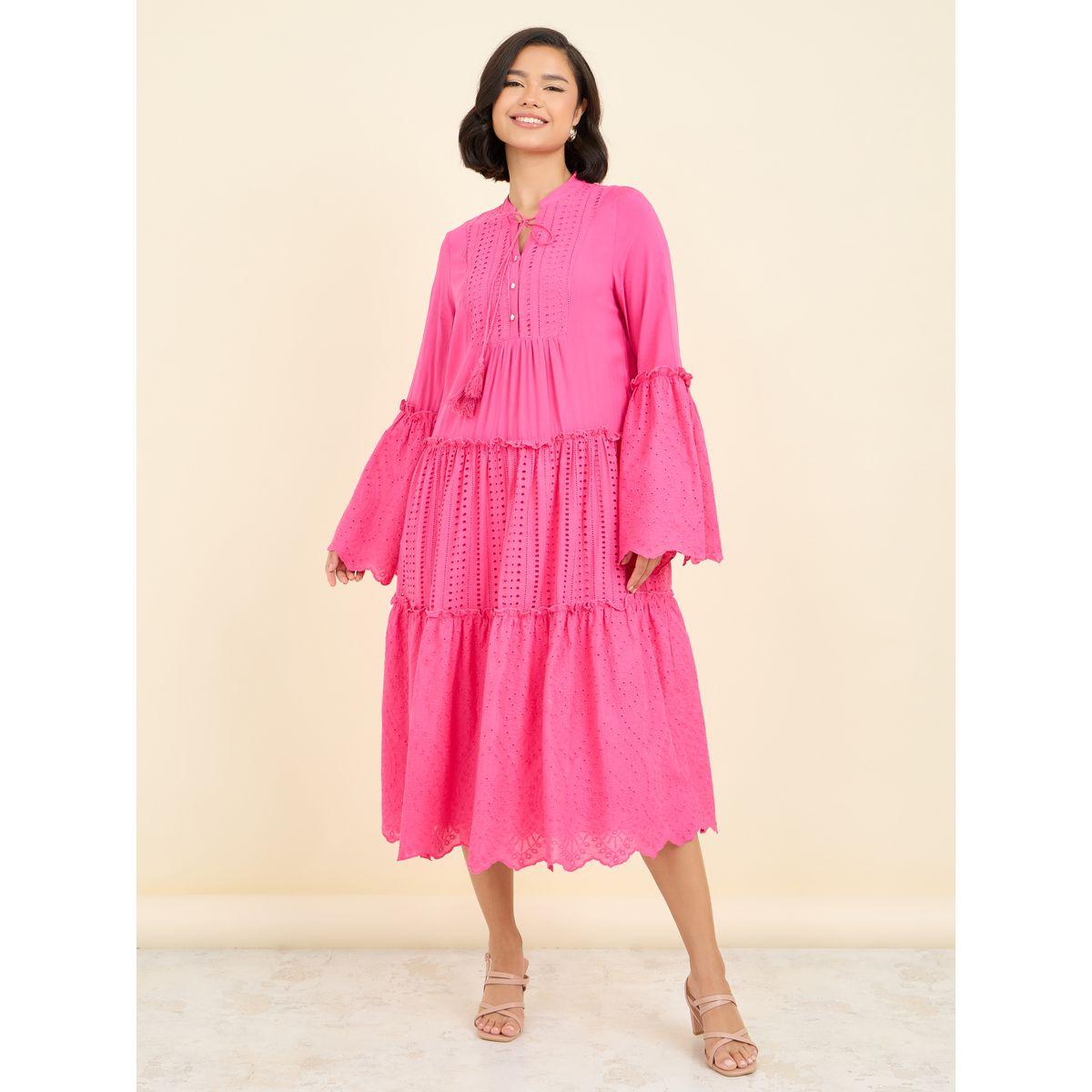 Styli Schiffli Tie Up Notch Neck Tiered Midi Dress-women-clothing-dresses-image-1