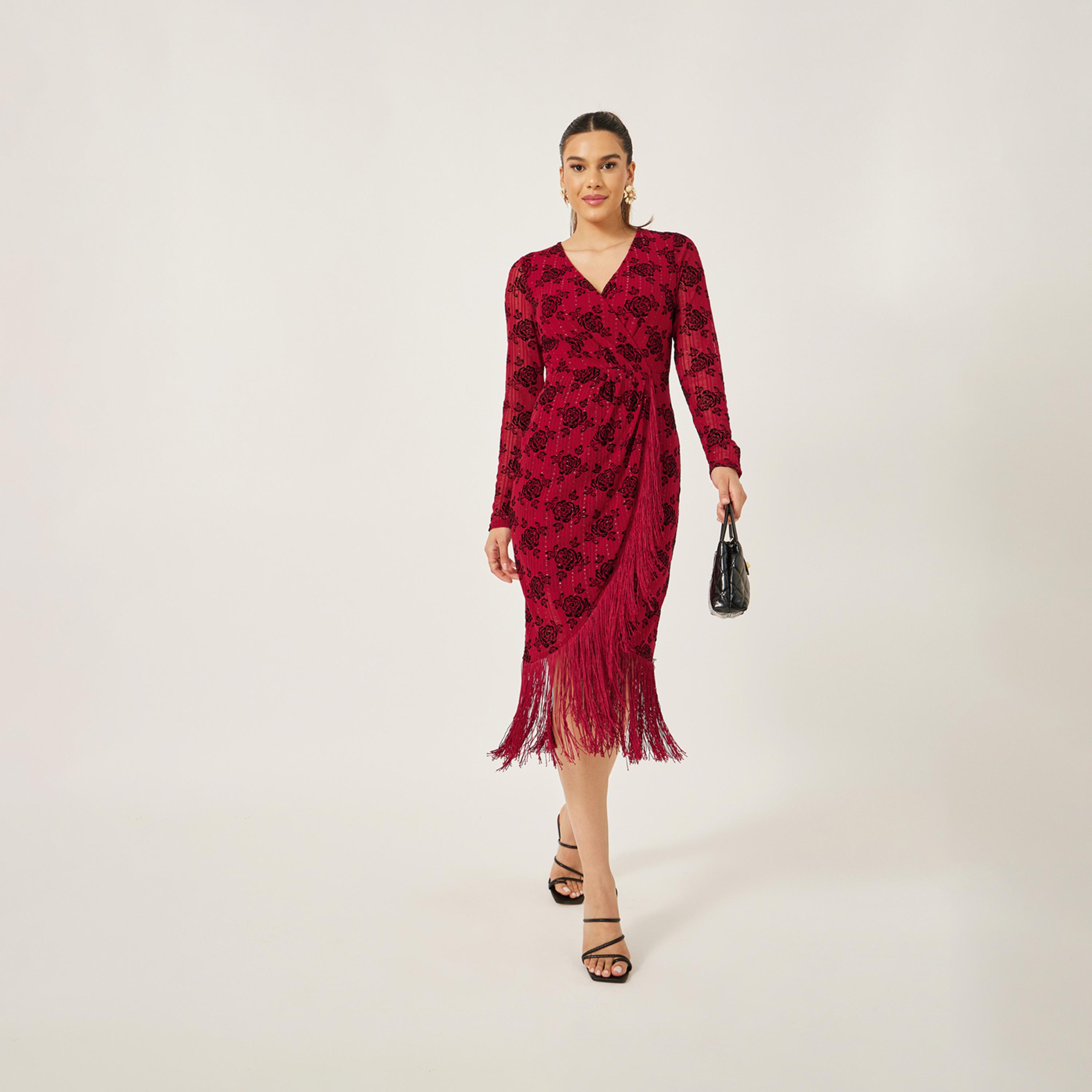 Styli Floral Jacquard Tassel Asymmetric Hem Midi Dress-women-clothing-dresses-image-1