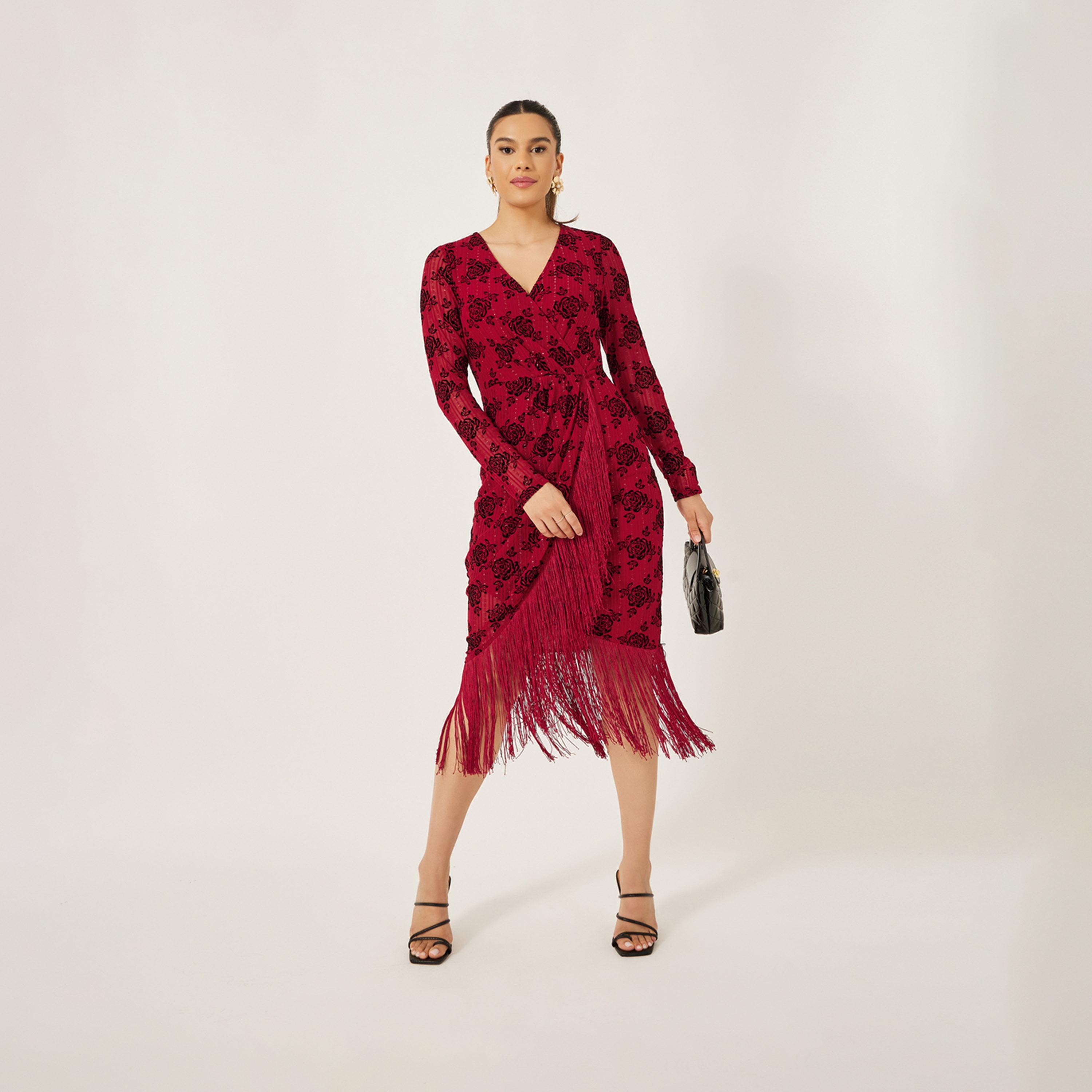 ستايلي - فستان متوسط الطول مورد بأطراف غير متماثلة من الجاكار-women-clothing-dresses-image-2