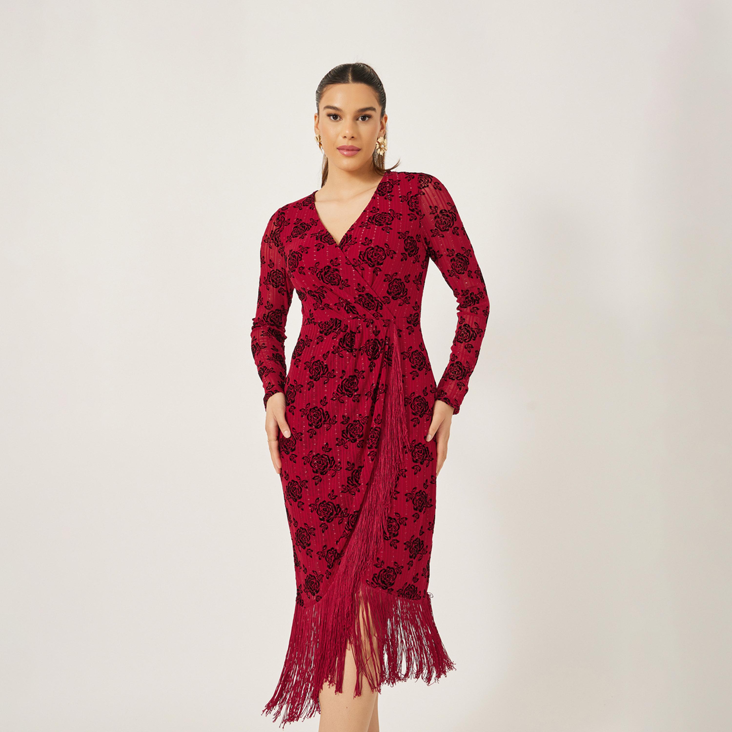 Styli Floral Jacquard Tassel Asymmetric Hem Midi Dress-women-clothing-dresses-image-3