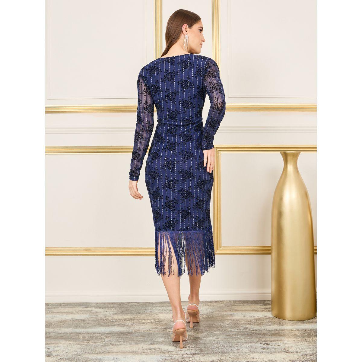فستان ميدي من ستيلي فلورال جاكارد بشرابة غير متماثلة بحافة ميدي-women-clothing-dresses-image-4