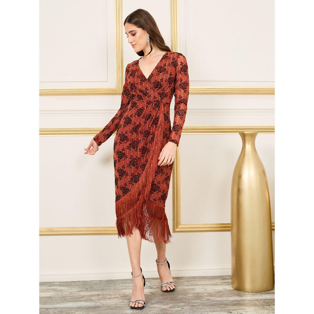 فستان ميدي من ستيلي فلورال جاكارد بشرابة غير متماثلة بحافة ميدي-women-clothing-dresses-image-1