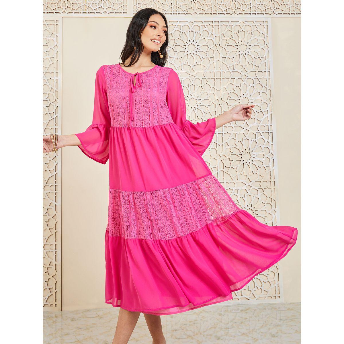 فستان ميدي بكسرات وتفاصيل دانتيل-women-clothing-dresses-image-1