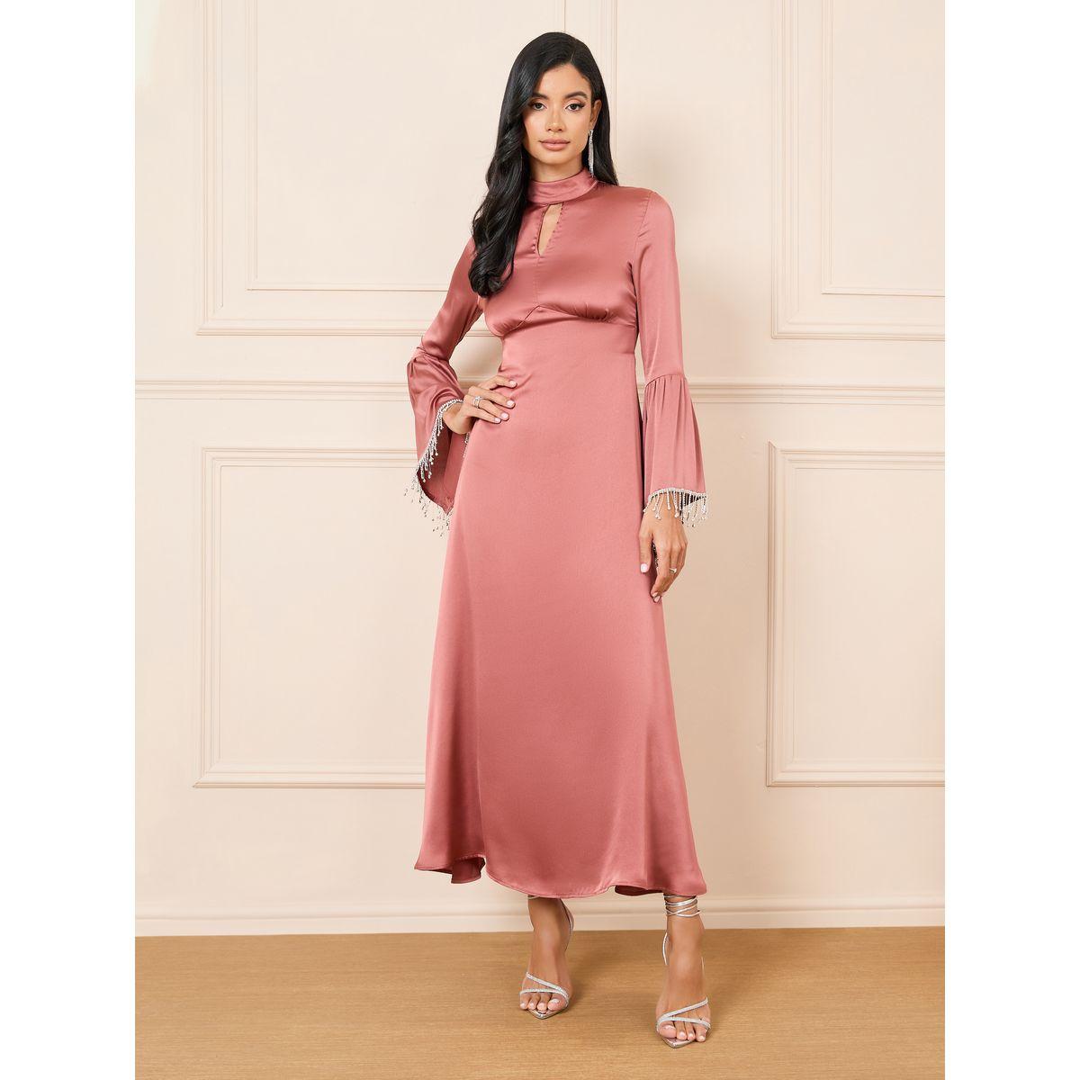 فستان ماكسي بأكمام جرس مزخرفة بأسلوب ساتان مزخرف-women-clothing-dresses-image-1
