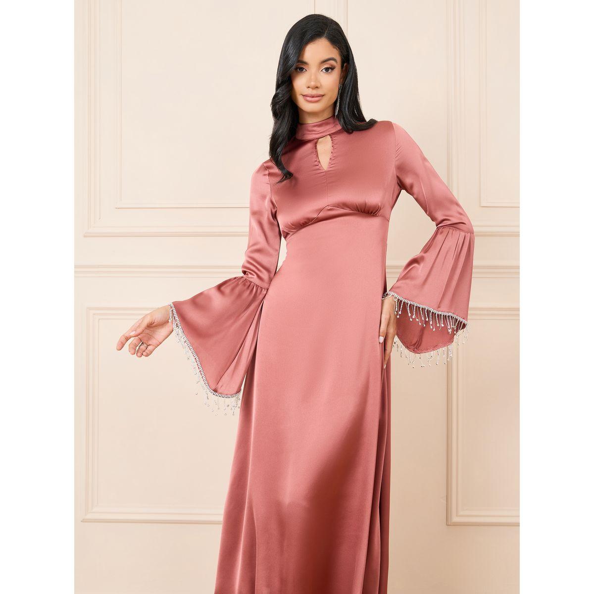 فستان ماكسي بأكمام جرس مزخرفة بأسلوب ساتان مزخرف-women-clothing-dresses-image-2