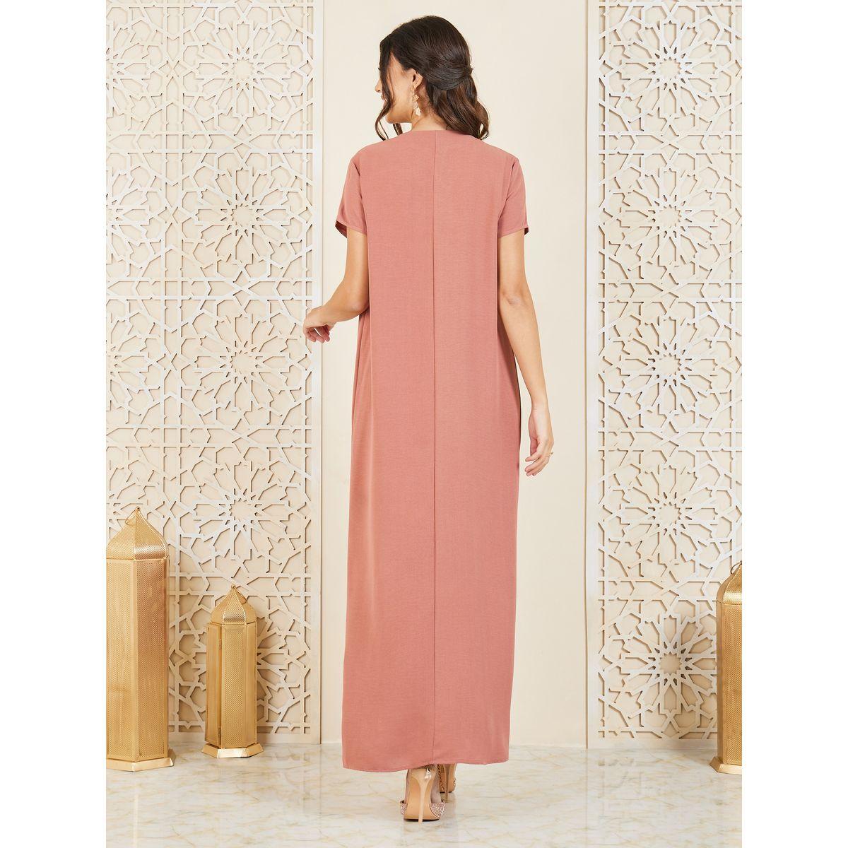 Amirah X Styli Box Pleats Short Sleeves A-Line Jalabiya-women-arabicclothing-jalabiyas-image-4