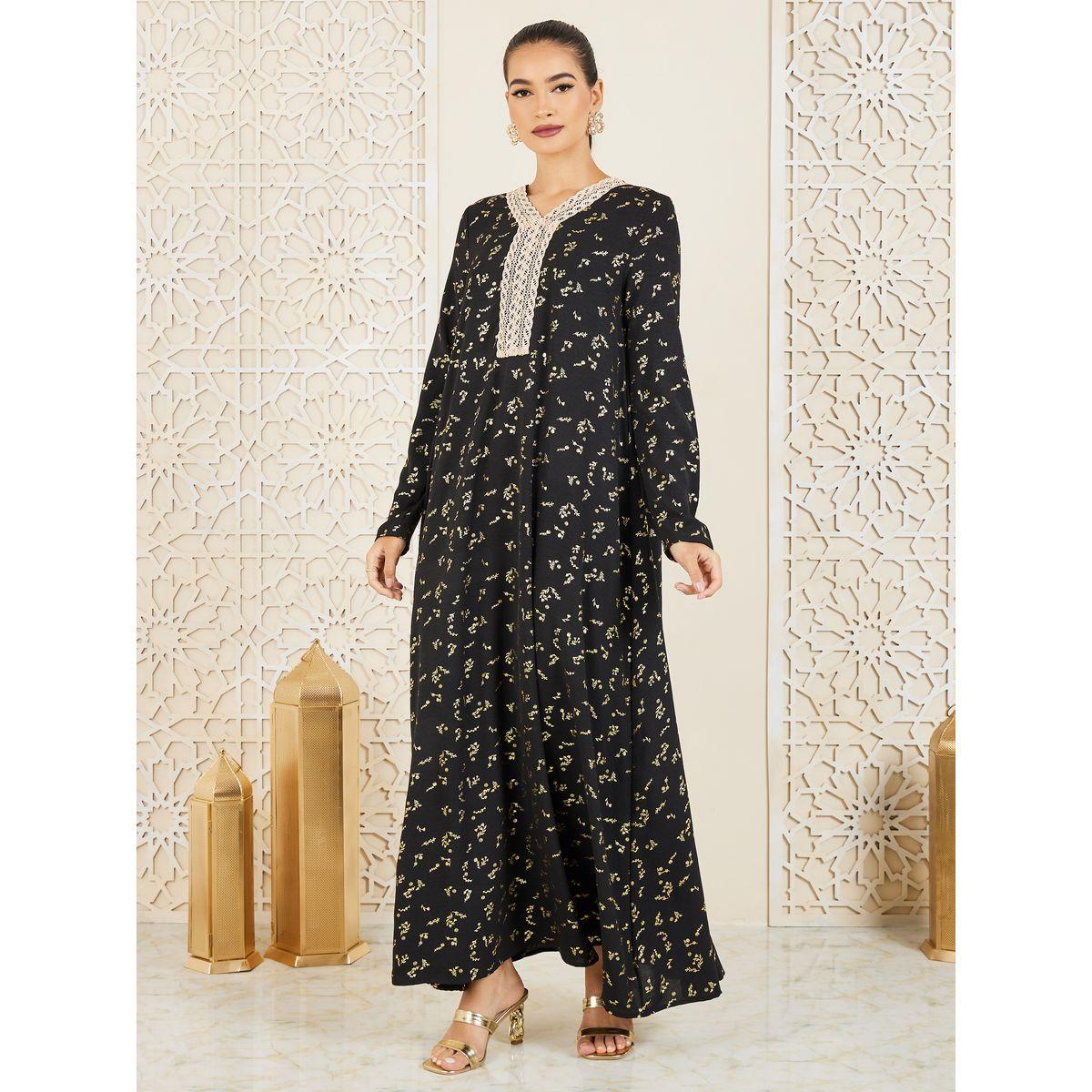 Styli Foil Print Embroidered Lace Neck Jalabiya-women-arabicclothing-jalabiyas-image-1