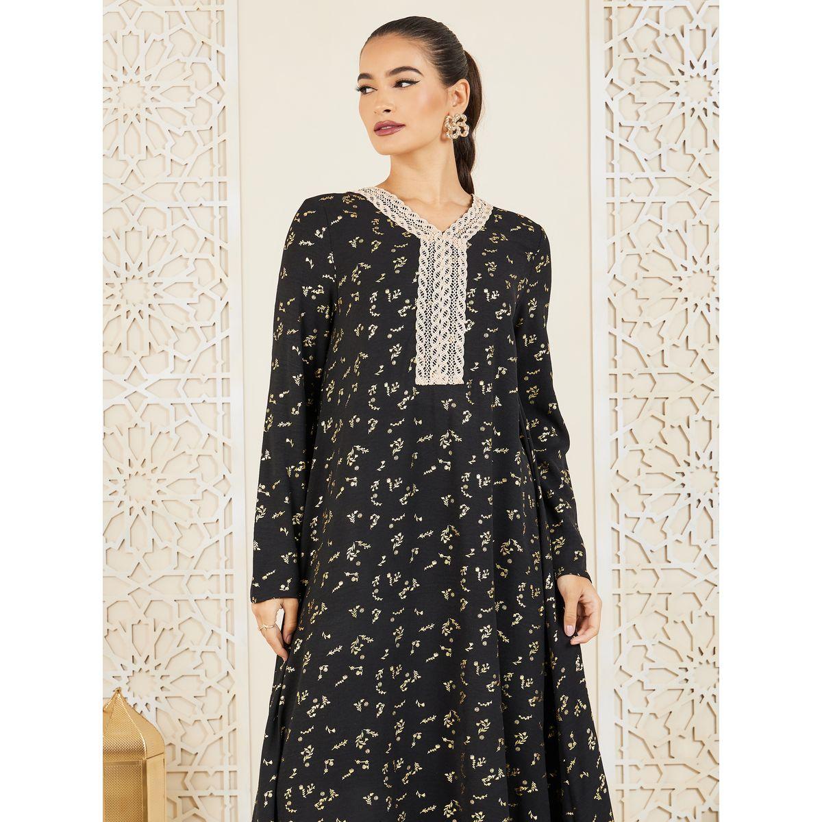 Styli Foil Print Embroidered Lace Neck Jalabiya-women-arabicclothing-jalabiyas-image-2