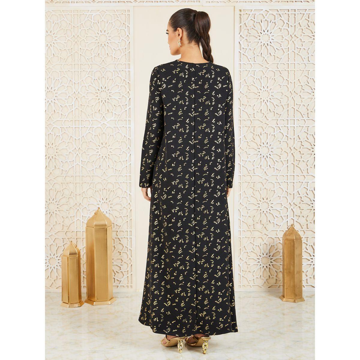 Styli Foil Print Embroidered Lace Neck Jalabiya-women-arabicclothing-jalabiyas-image-4