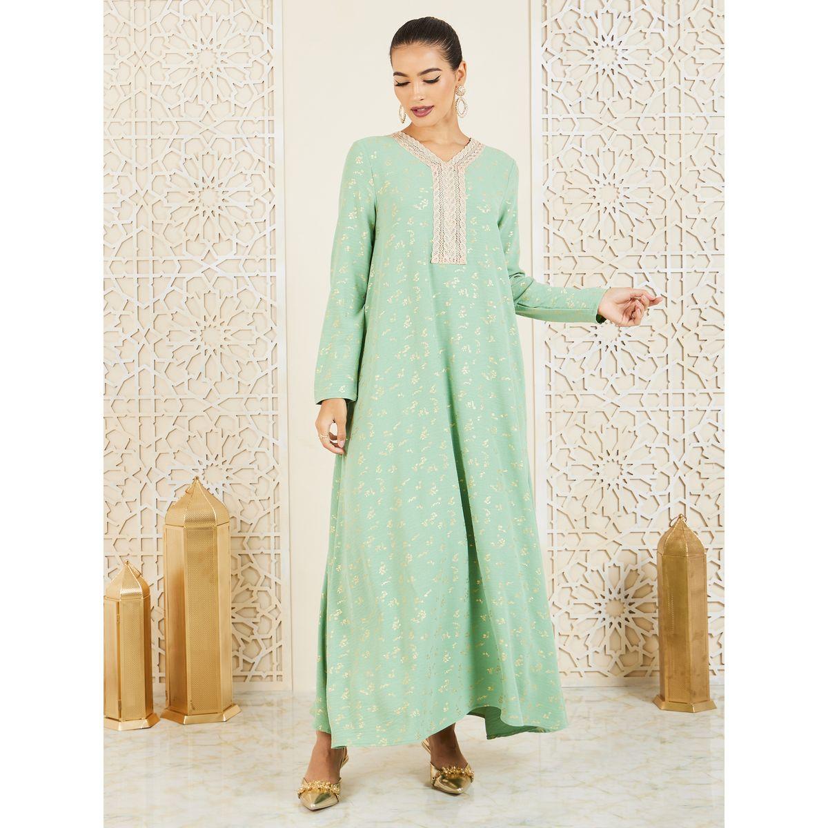 Styli Lace Neck Detail Foil Print Jalabiya-women-arabicclothing-jalabiyas-image-1