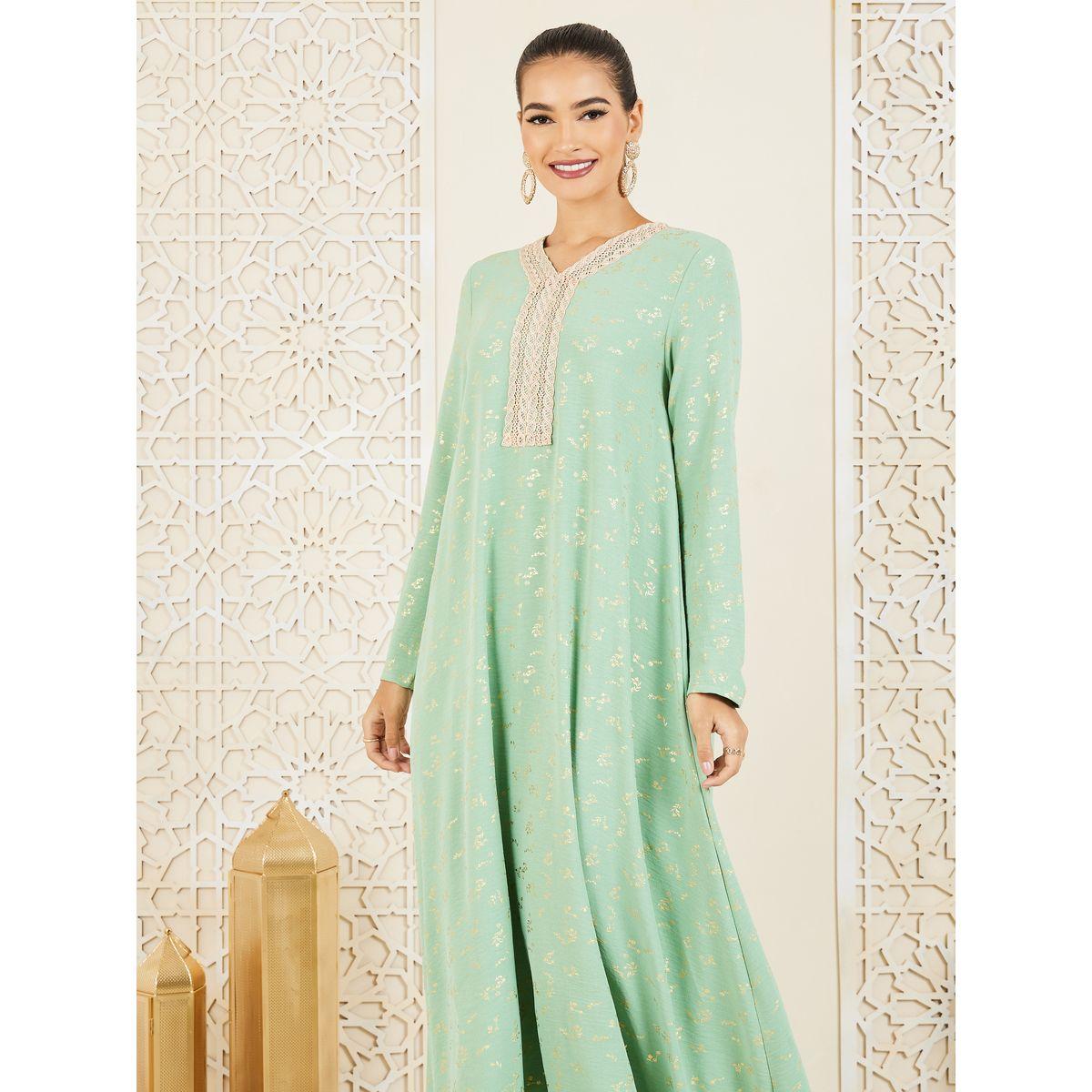 Styli Lace Neck Detail Foil Print Jalabiya-women-arabicclothing-jalabiyas-image-2