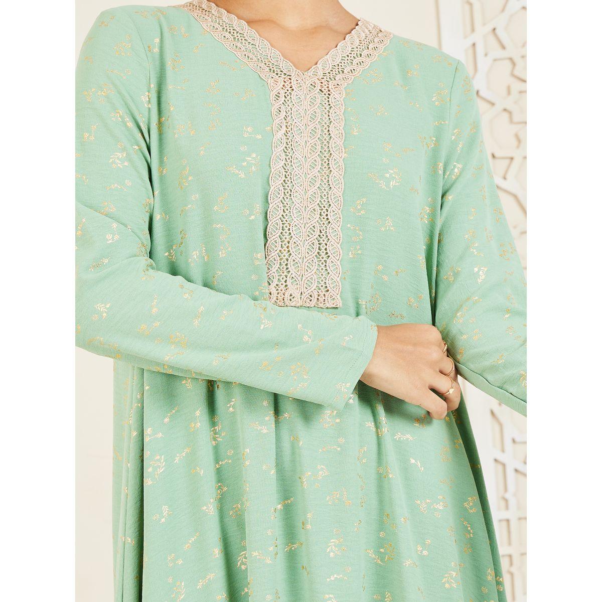 Styli Lace Neck Detail Foil Print Jalabiya-women-arabicclothing-jalabiyas-image-3