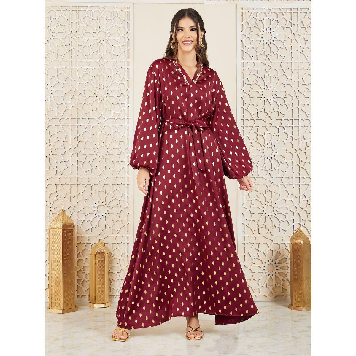 جلابية طويلة بطبعة فويل واكمام بالون-women-arabicclothing-jalabiyas-image-1