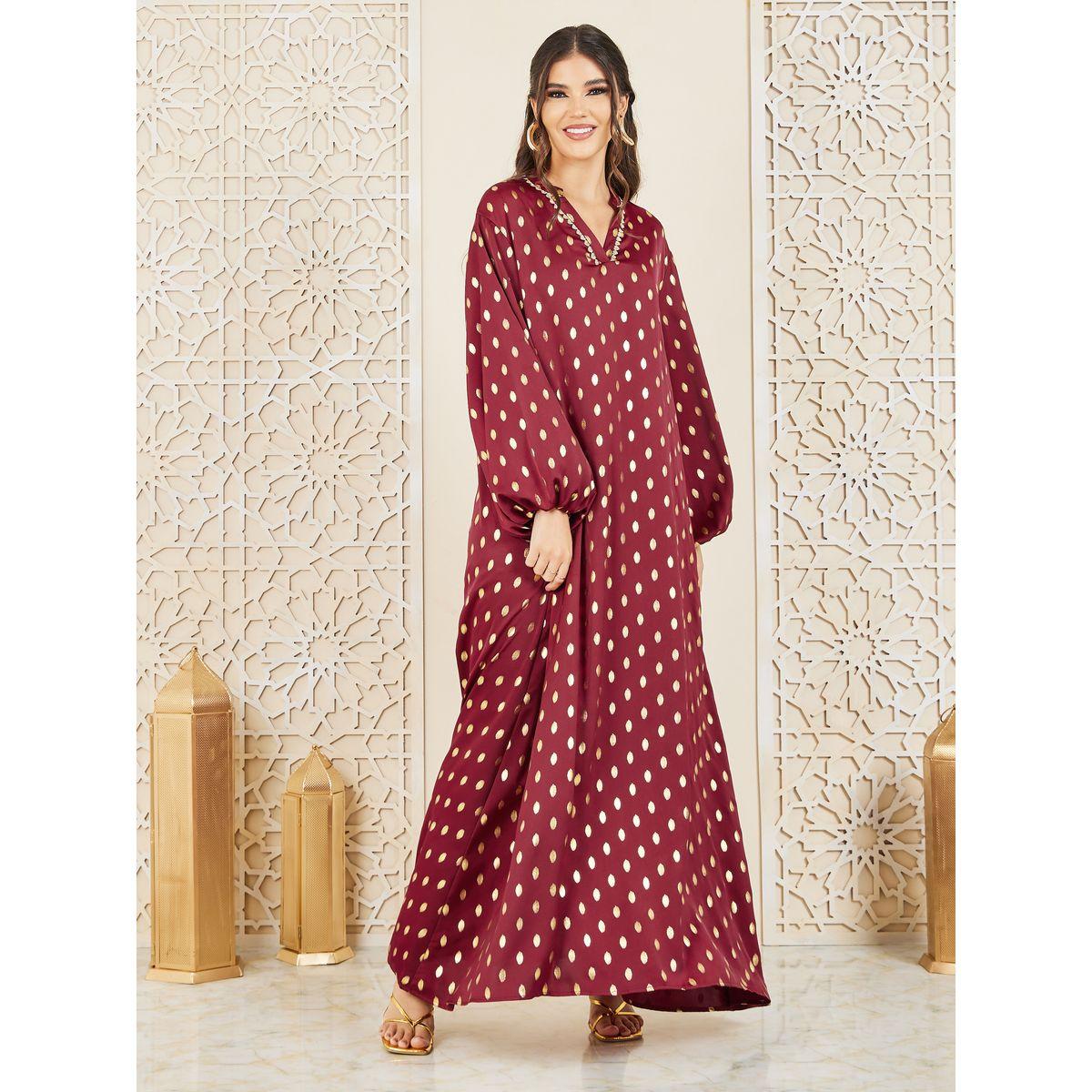 Styli Foil Print Embroidered Lace Neck Jalabiya-women-arabicclothing-jalabiyas-image-2