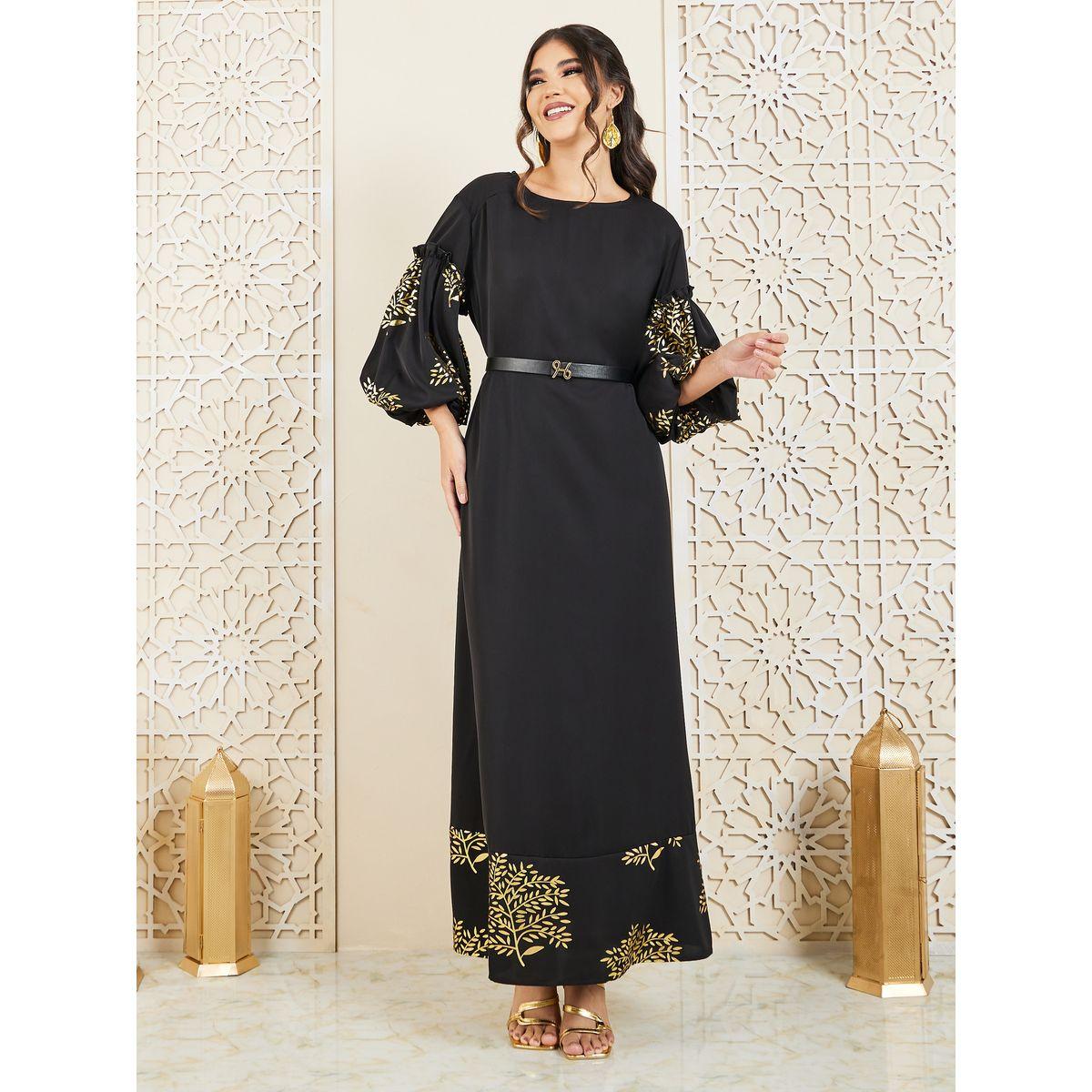Styli Foil Print Balloon Sleeves Jalabiya-women-arabicclothing-jalabiyas-image-1