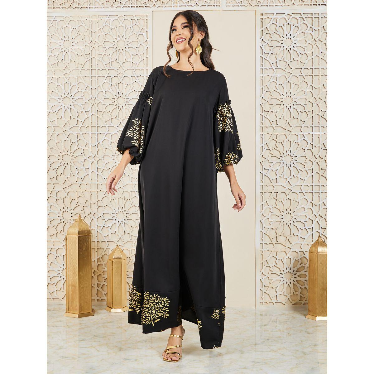 Styli Foil Print Balloon Sleeves Jalabiya-women-arabicclothing-jalabiyas-image-3