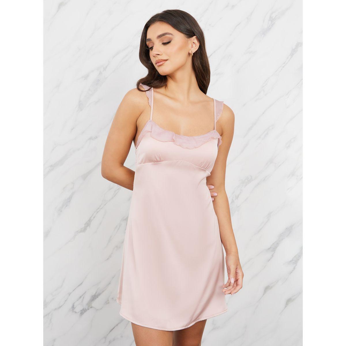 Styli Unwind Ruffle Mesh Trim Satin Short Slip Dress with Thong-women-clothing-nightwear-nighties-image-2