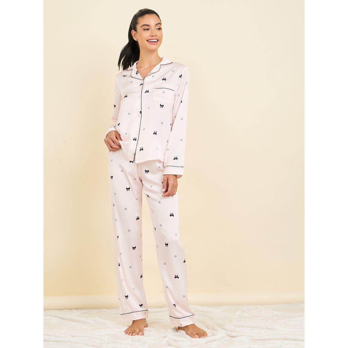 Styli Unwind All Over Bow Spot Print Satin Piped Shirt & Pyjama Set-women-clothing-nightwear-pyjamas-longsets-image-1