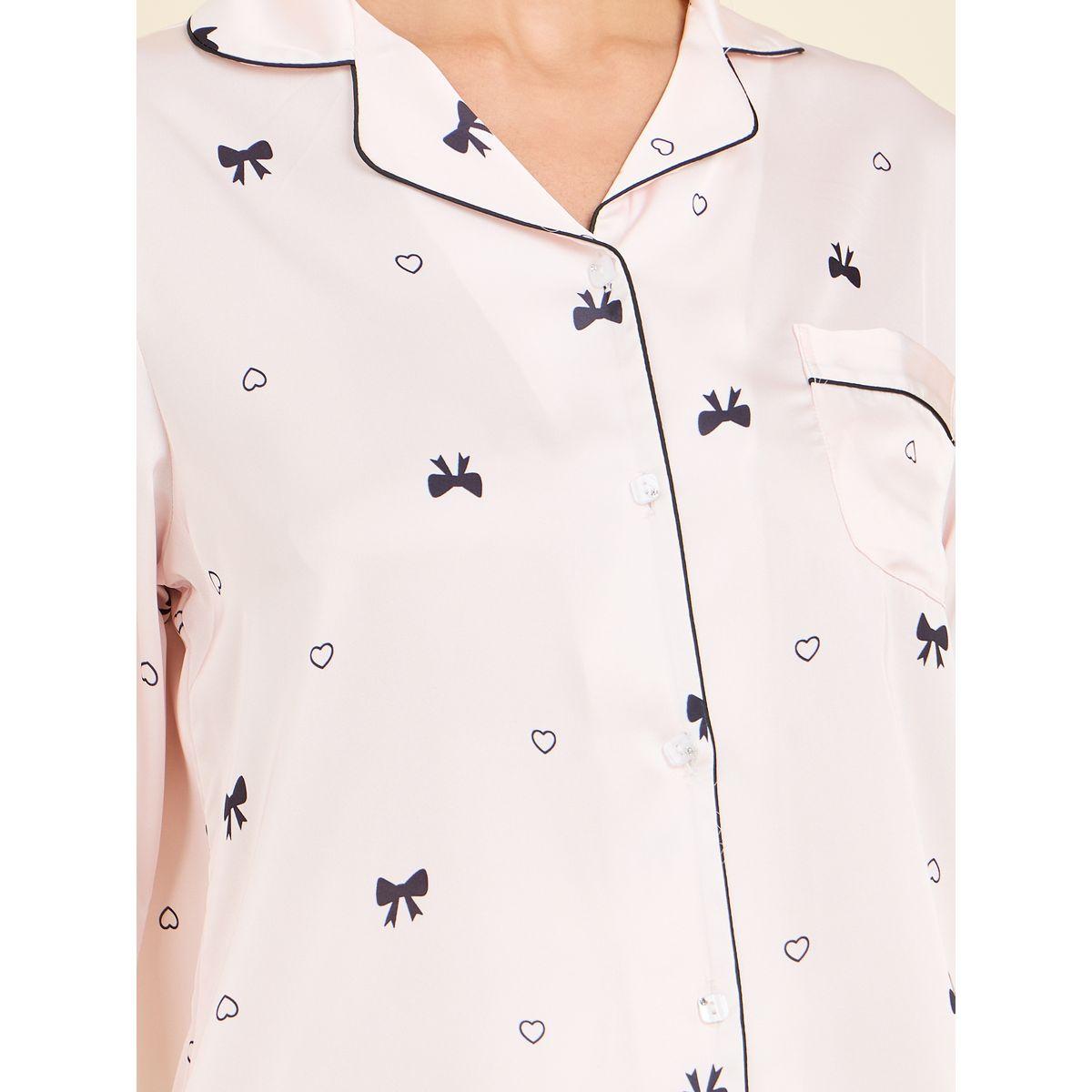 Styli Unwind All Over Bow Spot Print Satin Piped Shirt & Pyjama Set-women-clothing-nightwear-pyjamas-longsets-image-3