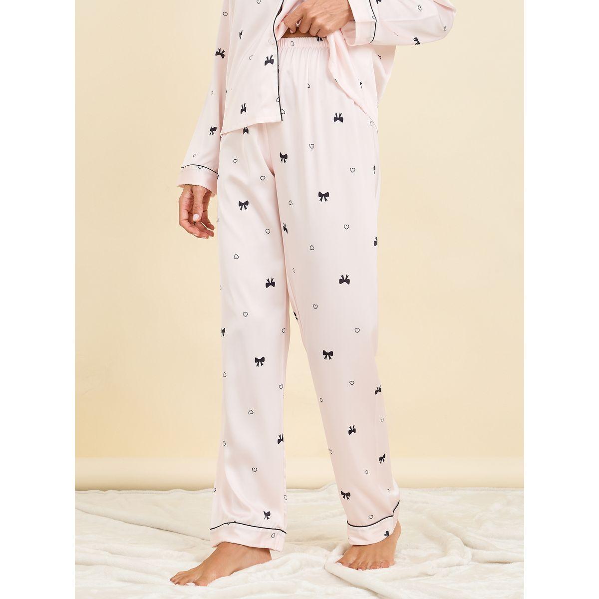 Styli Unwind All Over Bow Spot Print Satin Piped Shirt & Pyjama Set-women-clothing-nightwear-pyjamas-longsets-image-4