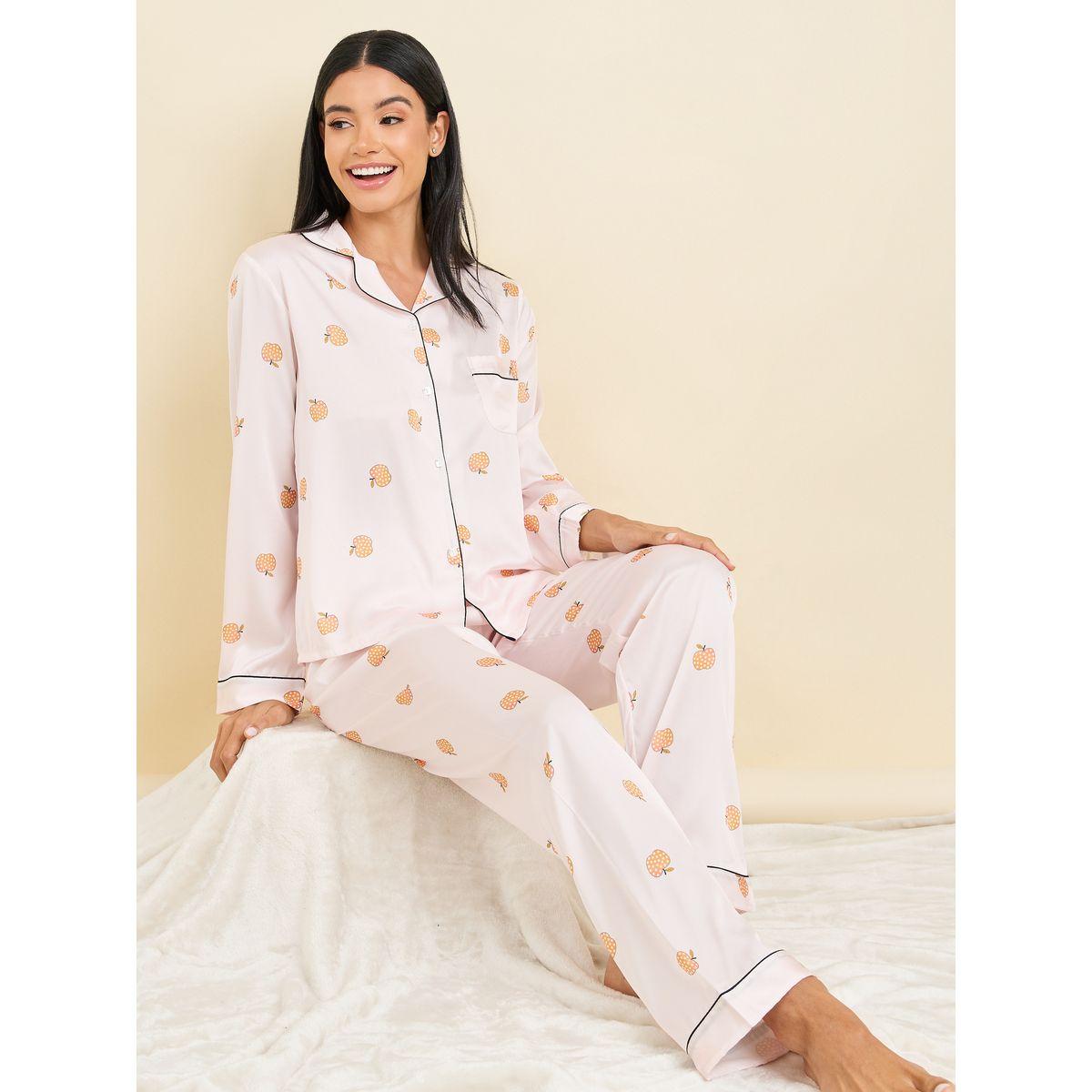 Styli Unwind All Over Peach Print Satin Piped Shirt & Pyjama Set-women-clothing-nightwear-pyjamas-longsets-image-1