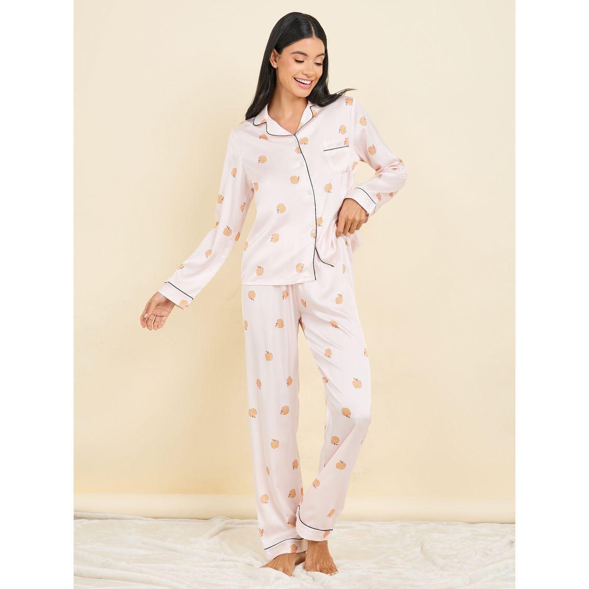 Styli Unwind All Over Peach Print Satin Piped Shirt & Pyjama Set-women-clothing-nightwear-pyjamas-longsets-image-2