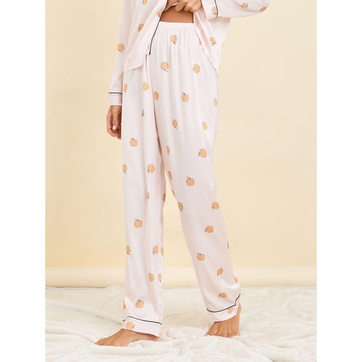 Styli Unwind All Over Peach Print Satin Piped Shirt & Pyjama Set-women-clothing-nightwear-pyjamas-longsets-image-5