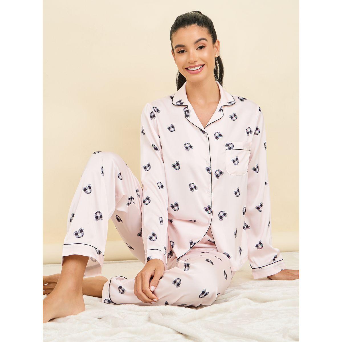 Styli Unwind All Over Bear Print Piped Shirt & Pyjama Set-women-clothing-nightwear-pyjamas-longsets-image-1