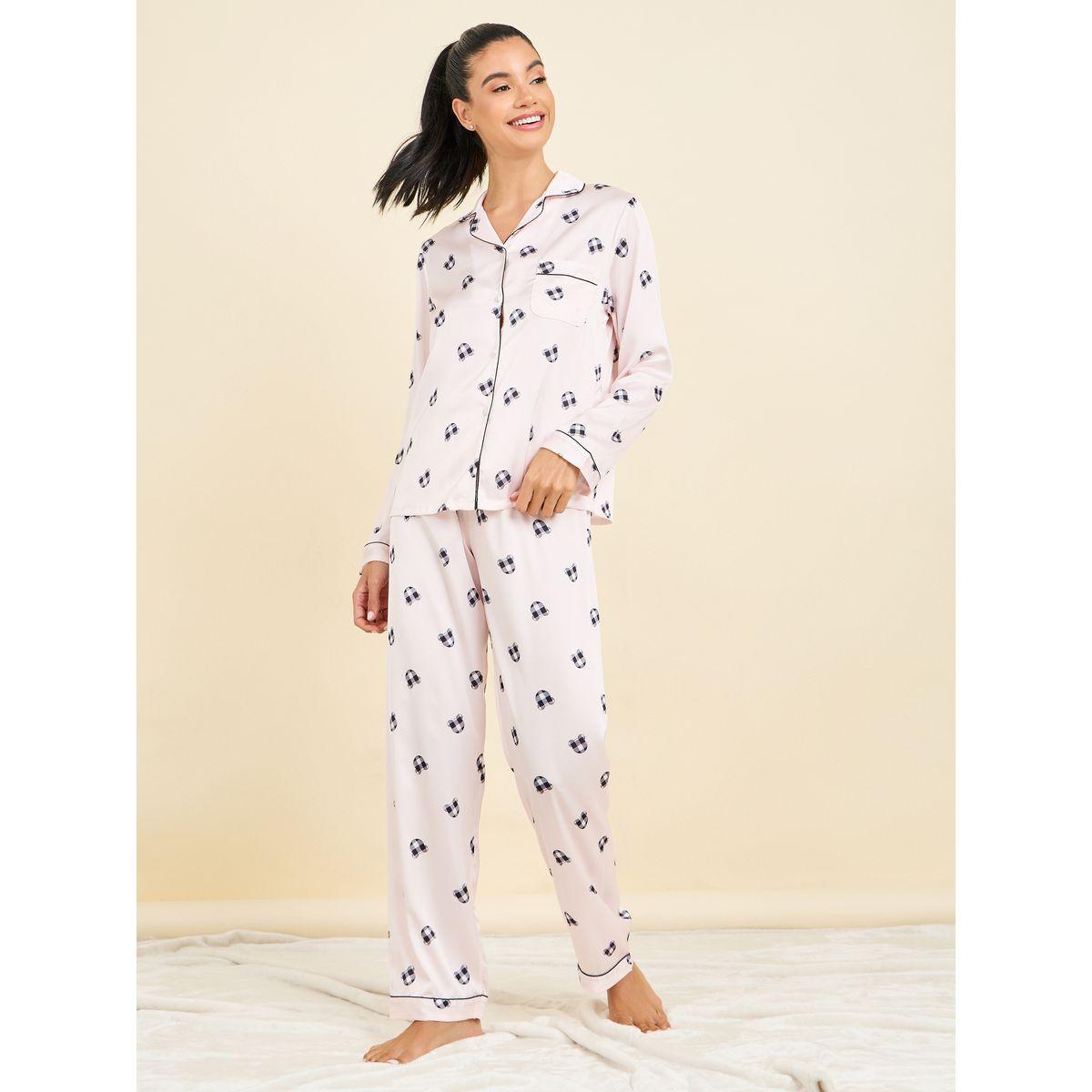 Styli Unwind All Over Bear Print Piped Shirt & Pyjama Set-women-clothing-nightwear-pyjamas-longsets-image-2