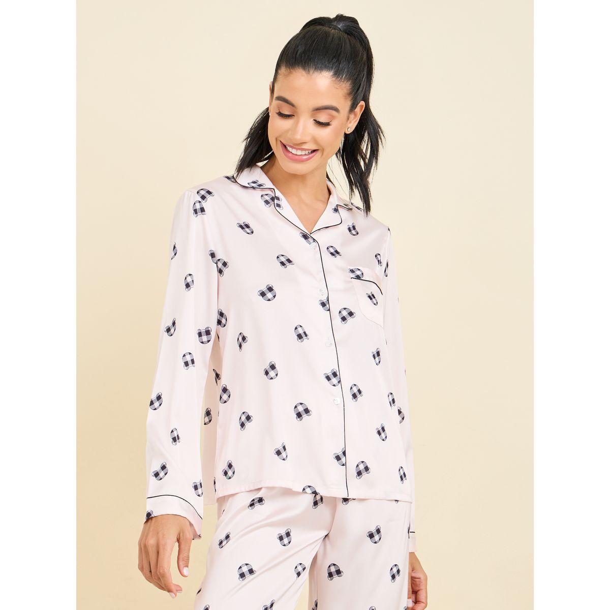 Styli Unwind All Over Bear Print Piped Shirt & Pyjama Set-women-clothing-nightwear-pyjamas-longsets-image-3