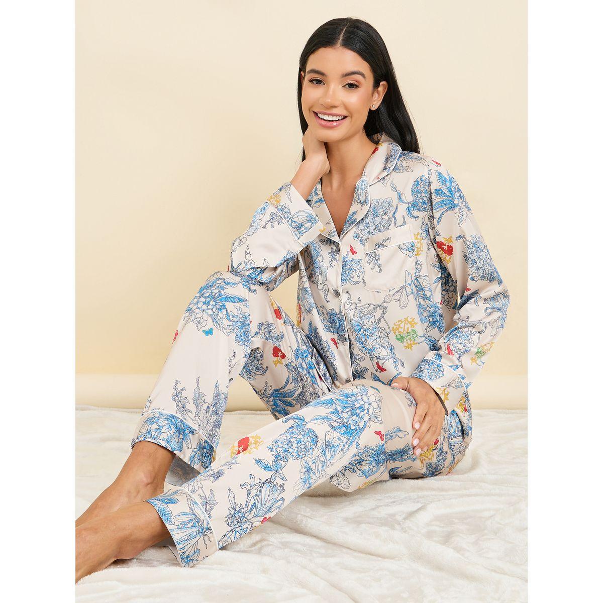 Styli Unwind Floral AOP Satin Piped Detail Shirt and Pyjama Set-women-clothing-nightwear-pyjamas-longsets-image-1
