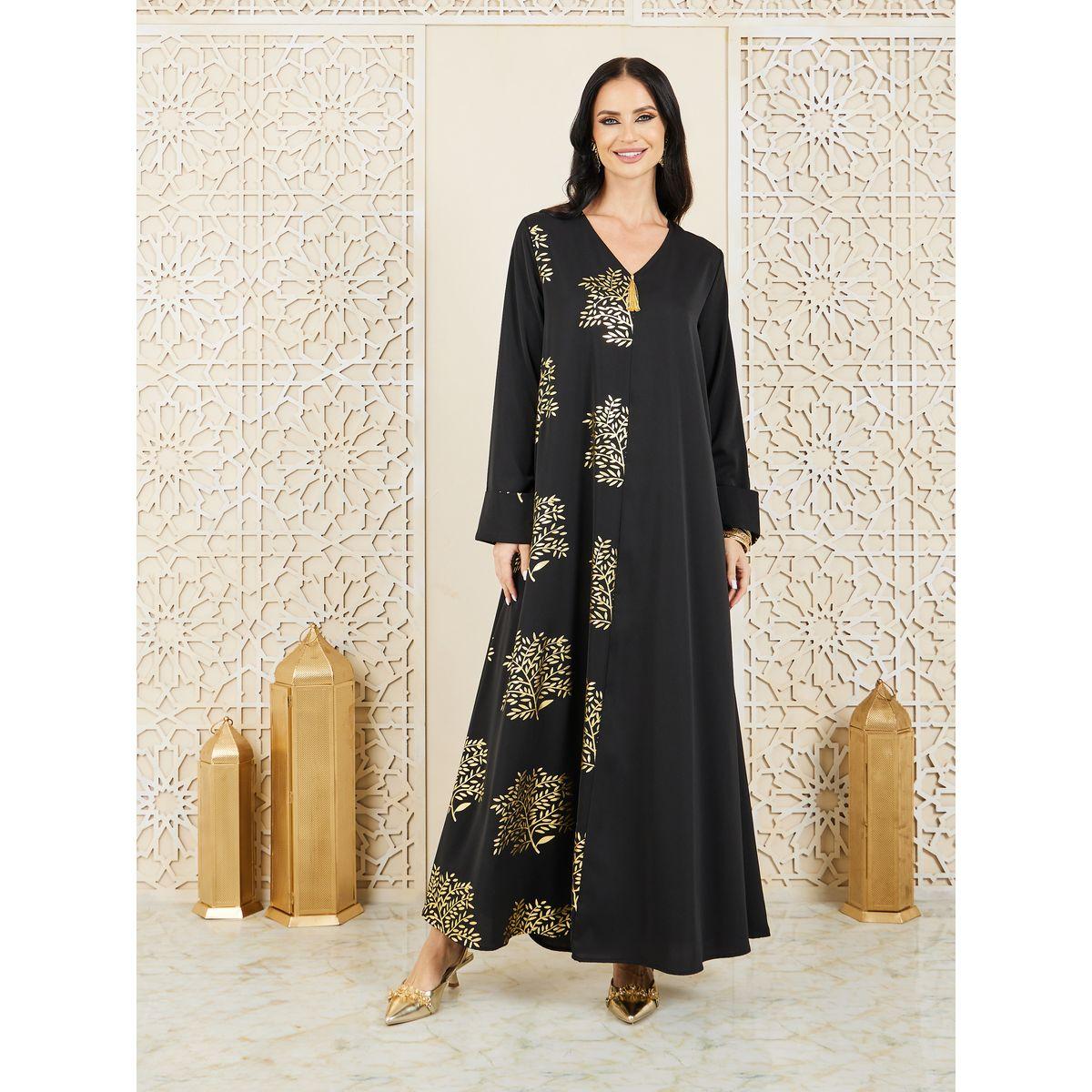 جلابية بطبعة داماسك بالفويل مع شراشيب-women-arabicclothing-jalabiyas-image-1