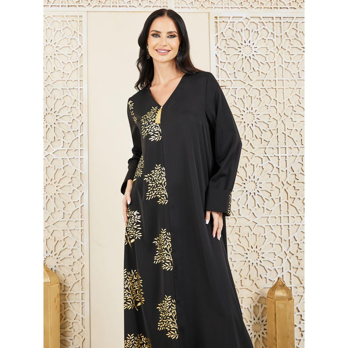 جلابية بطبعة داماسك بالفويل مع شراشيب-women-arabicclothing-jalabiyas-image-2