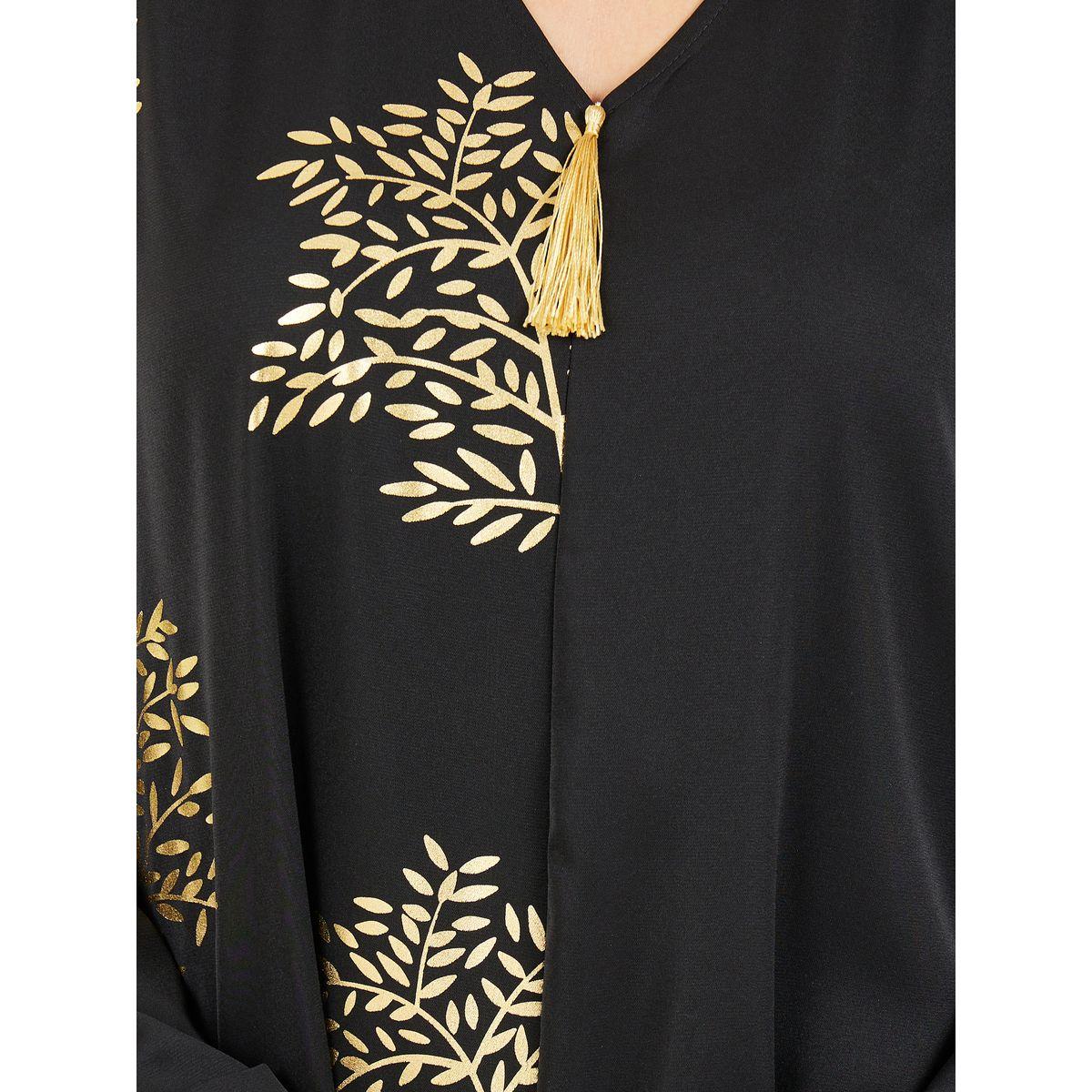 Styli Damask Foil Print Jalabiya with Tassel Detail-women-arabicclothing-jalabiyas-image-3