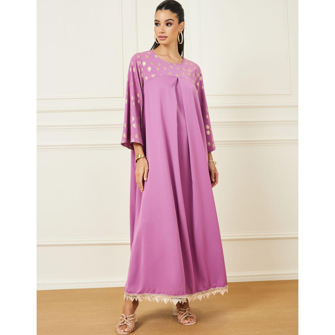 Styli Foil Print Lace Trim Hem Jalabiya-women-arabicclothing-jalabiyas-image-1