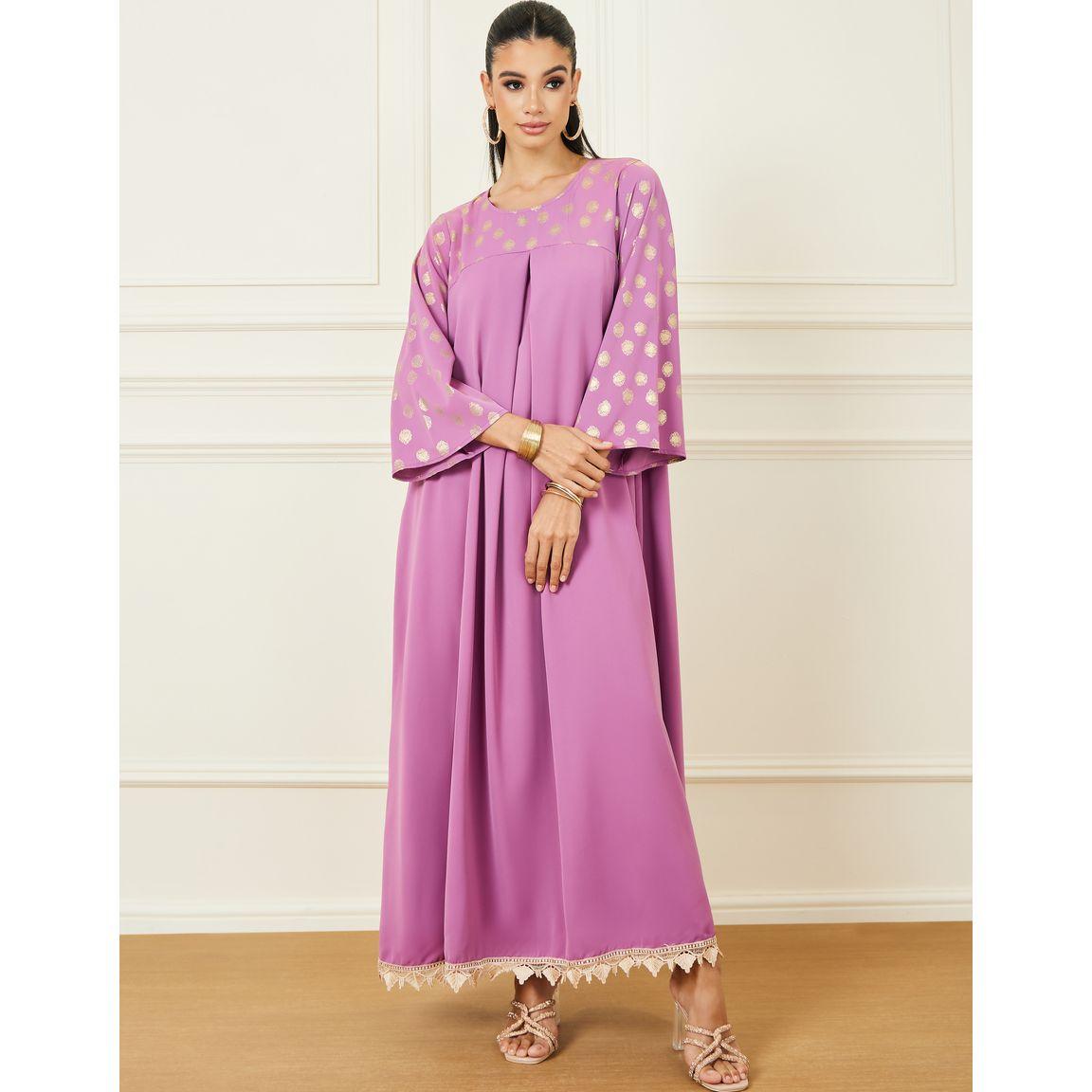 Styli Foil Print Lace Trim Hem Jalabiya-women-arabicclothing-jalabiyas-image-2