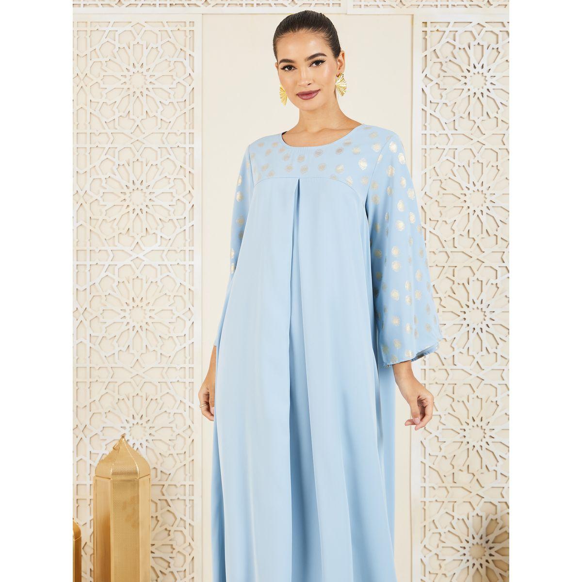 Styli Foil Print Lace Trim Hem Jalabiya-women-arabicclothing-jalabiyas-image-2