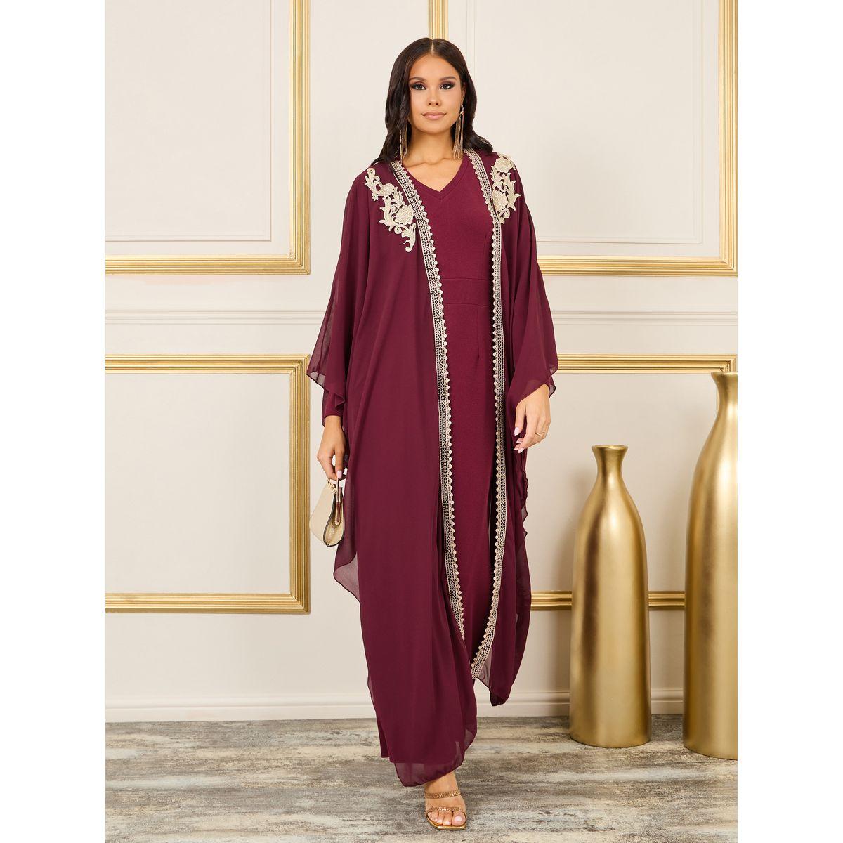 Styli Embroidered Patch Pearl Lace Trim Abaya and Jumpsuit Set-women-clothing-coordsets-image-1