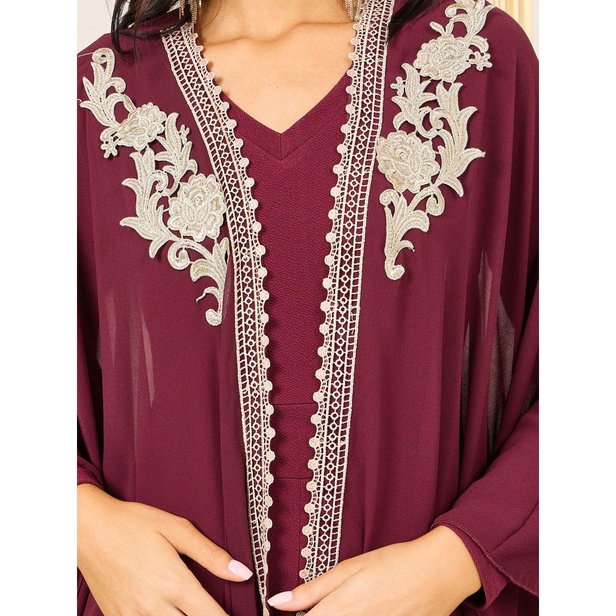 Styli Embroidered Patch Pearl Lace Trim Abaya and Jumpsuit Set-women-clothing-coordsets-image-5