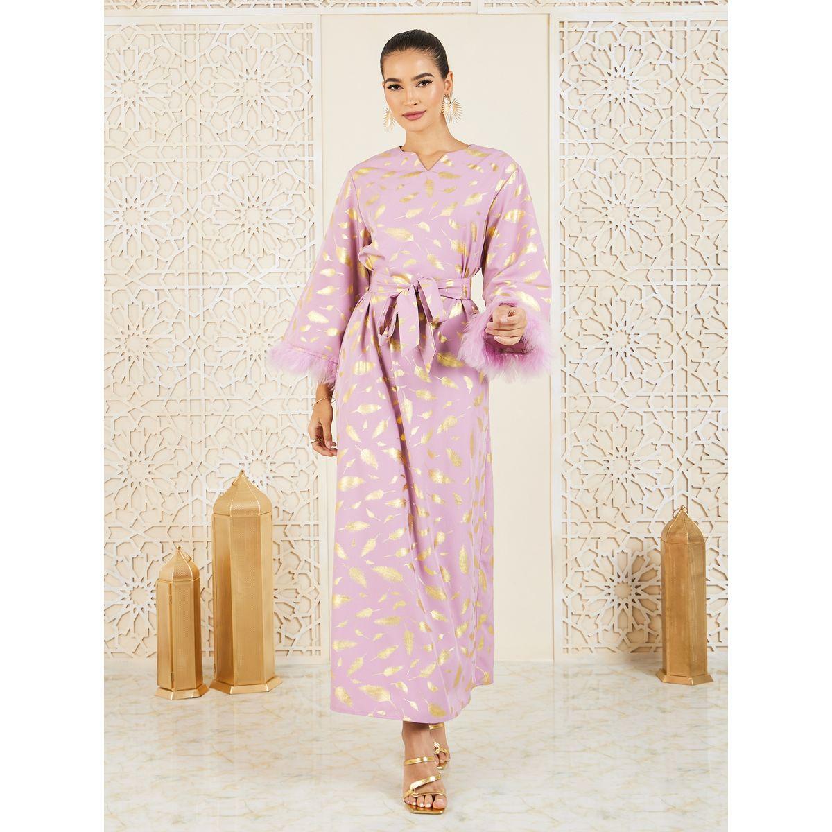 Styli Foil Print Faux Fur Trim Sleeves Jalabiya with Self Tie Up-women-arabicclothing-jalabiyas-image-1