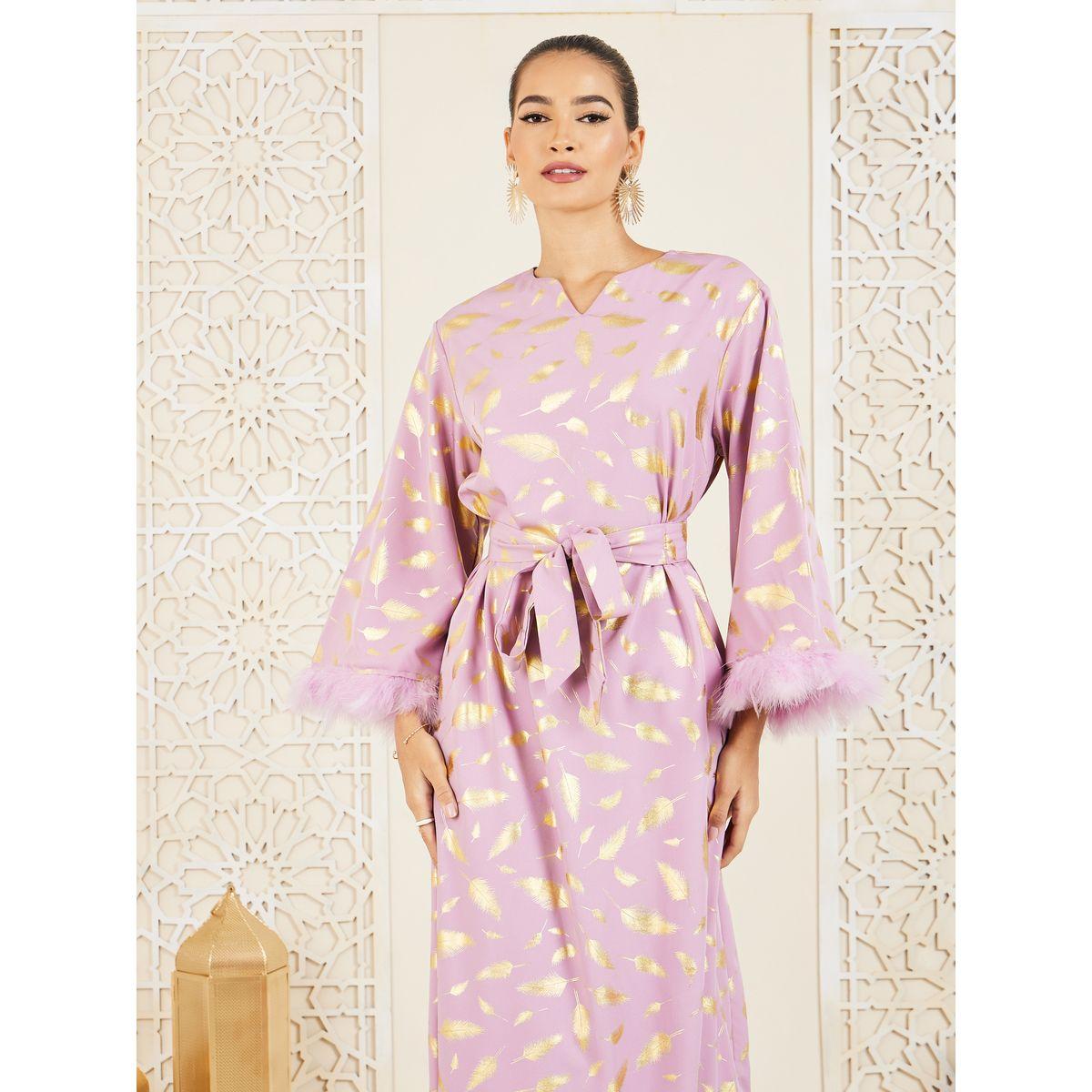 جلابية بطبعة فويل وفرو صناعي مع أربطة-women-arabicclothing-jalabiyas-image-2