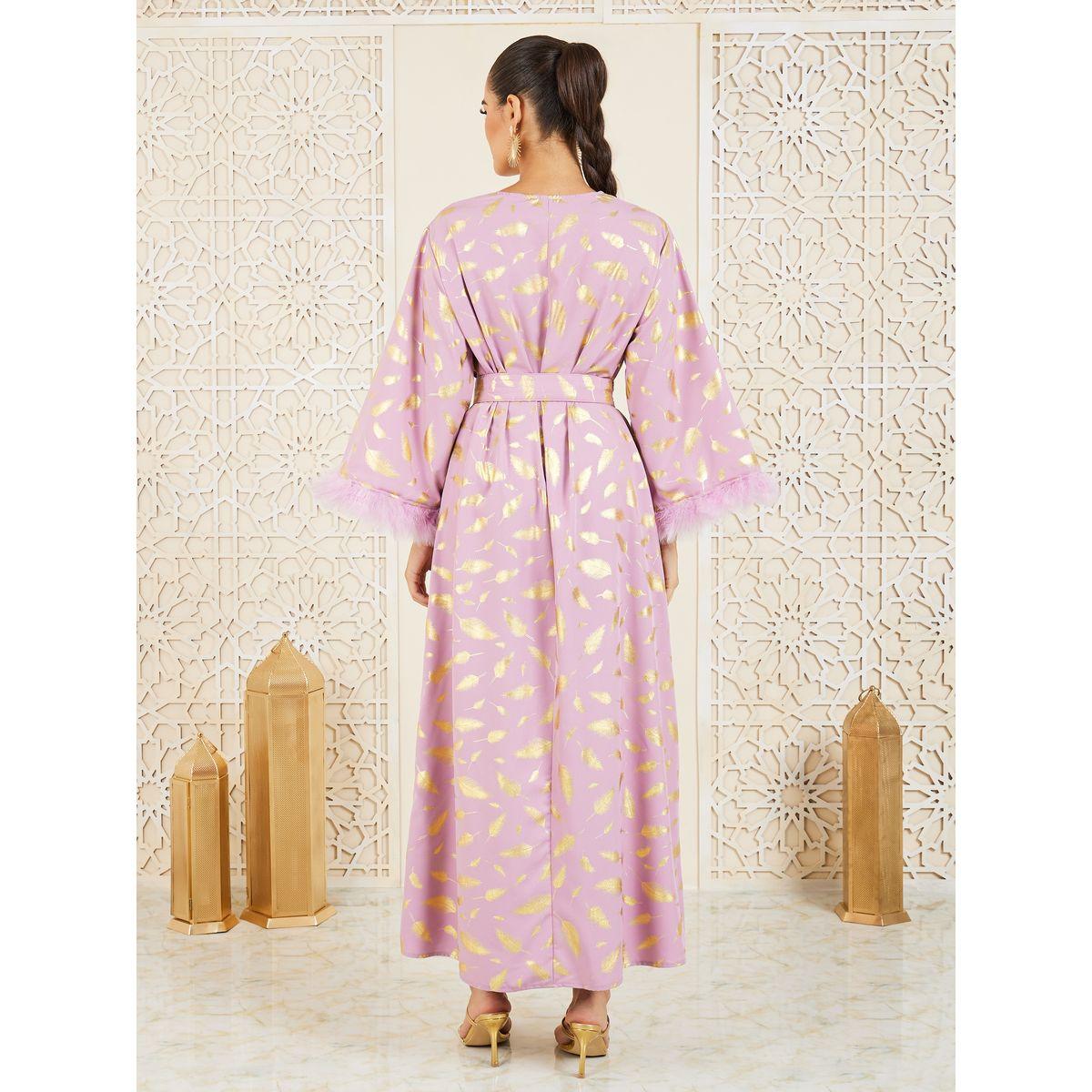 Styli Foil Print Faux Fur Trim Sleeves Jalabiya with Self Tie Up-women-arabicclothing-jalabiyas-image-4