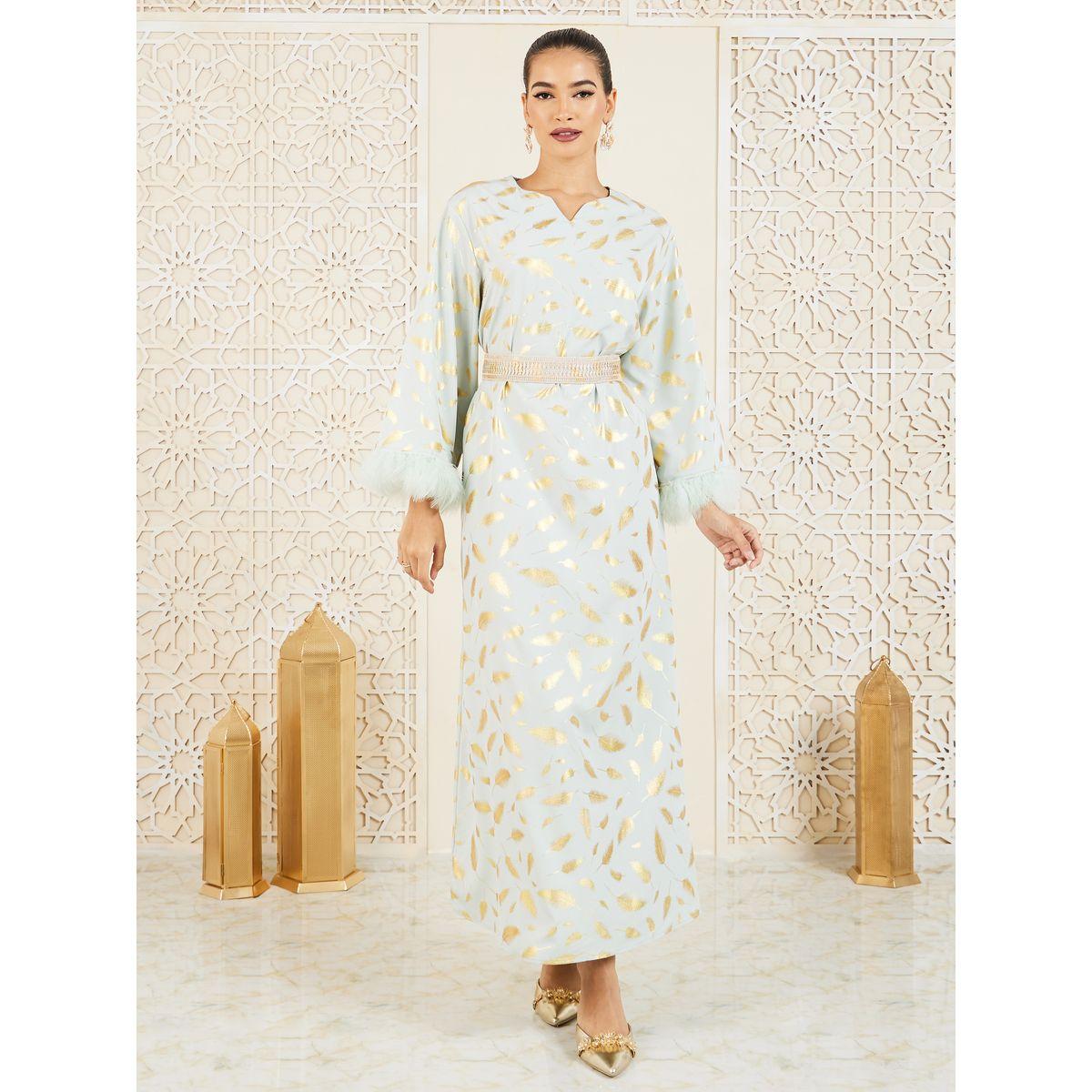 Styli Foil Print Faux Fur Trim Sleeves Jalabiya with Lace Belt-women-arabicclothing-jalabiyas-image-1