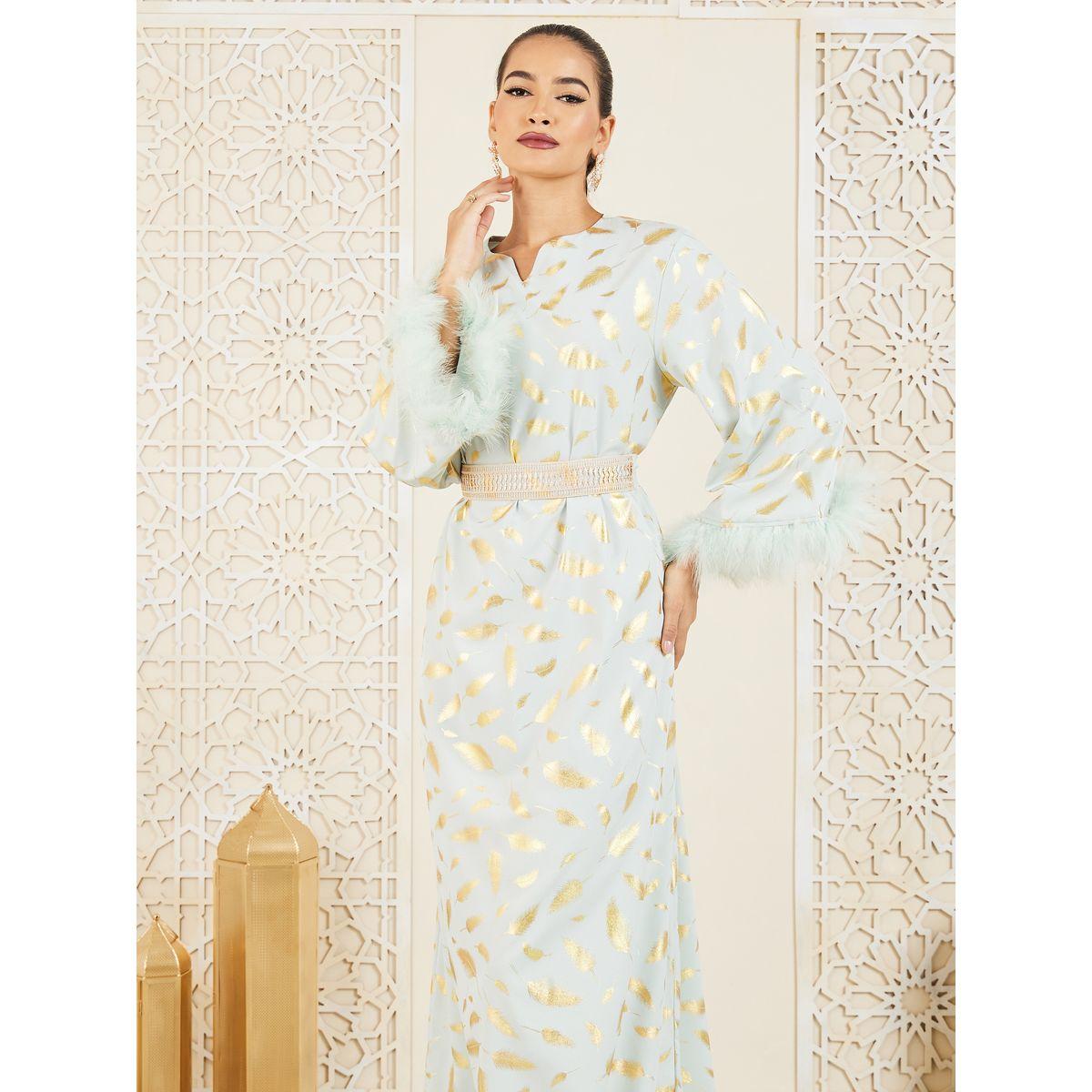 جلابية بطبعة فويل وفرو صناعي مع حزام-women-arabicclothing-jalabiyas-image-2