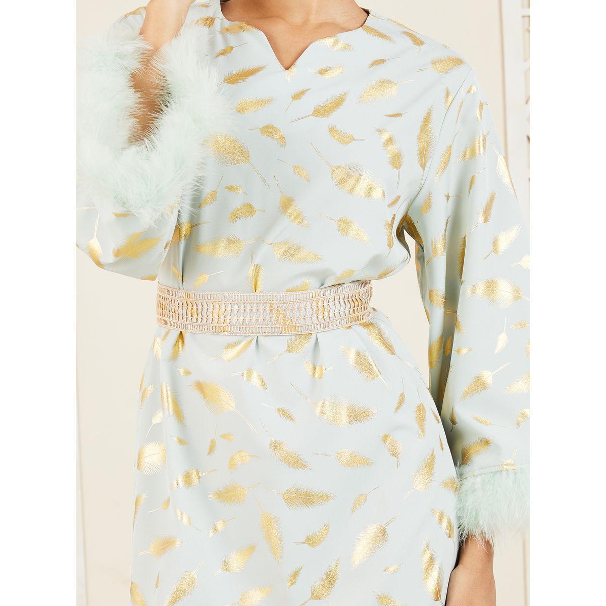 جلابية بطبعة فويل وفرو صناعي مع حزام-women-arabicclothing-jalabiyas-image-3